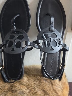Coach Women's Black Leather Cutout Logo Sandals